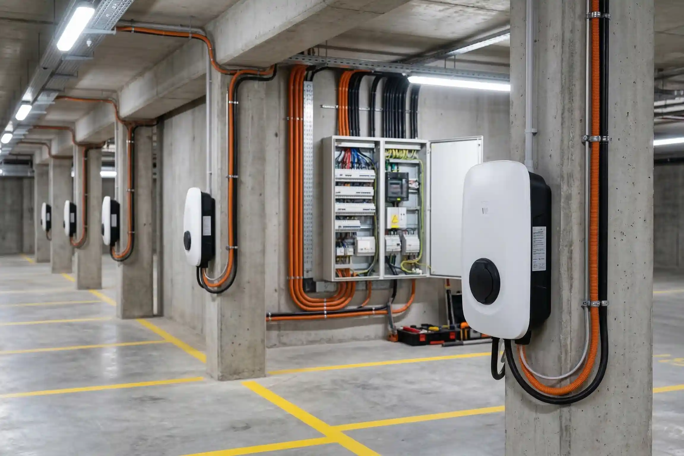 Installation de bornes de recharge pour véhicules électriques dans le parking d'une copropriété, avec gestion dynamique de charge