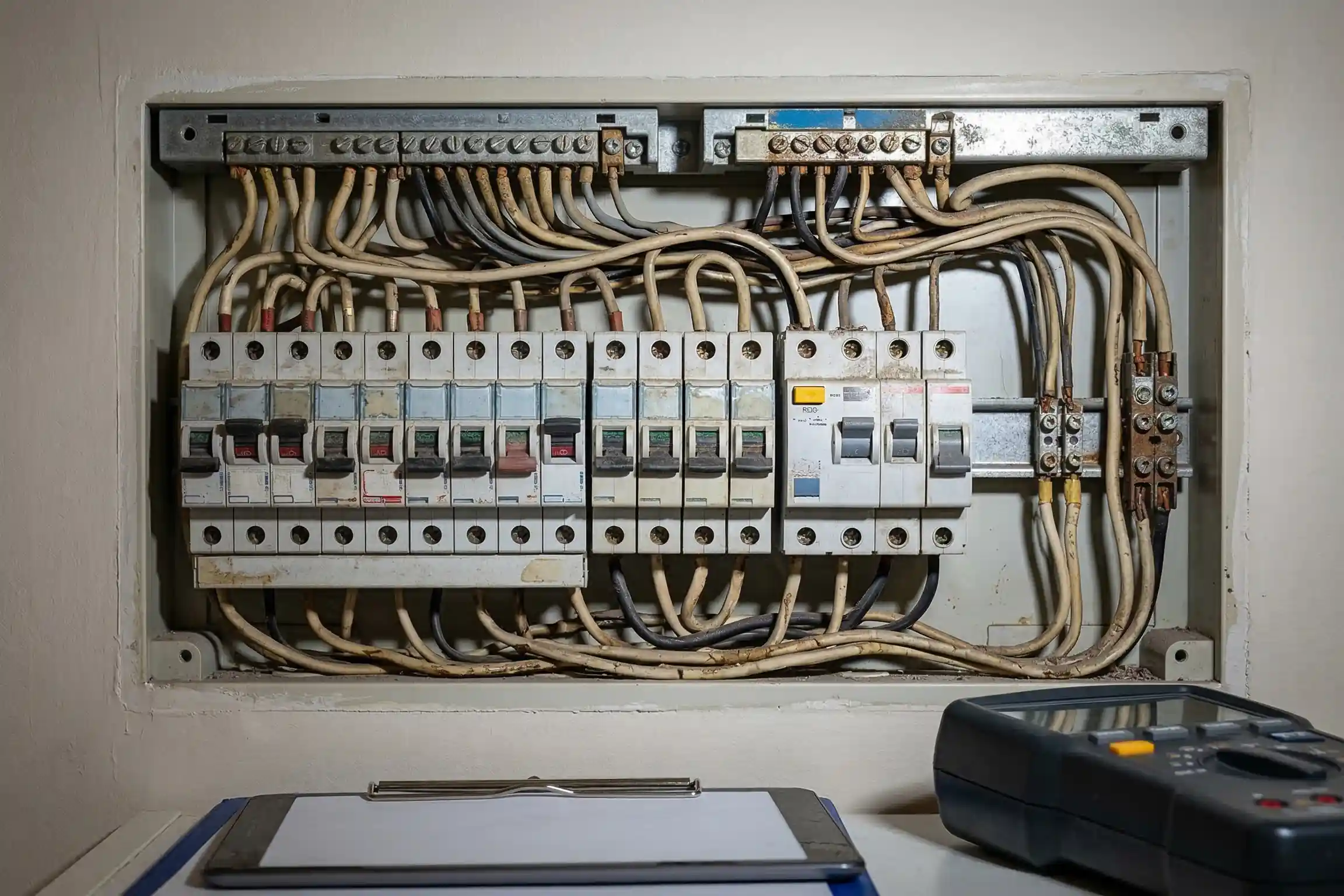 Tableau électrique d'un logement ancien ouvert lors d'un diagnostic électrique obligatoire avant vente ou location