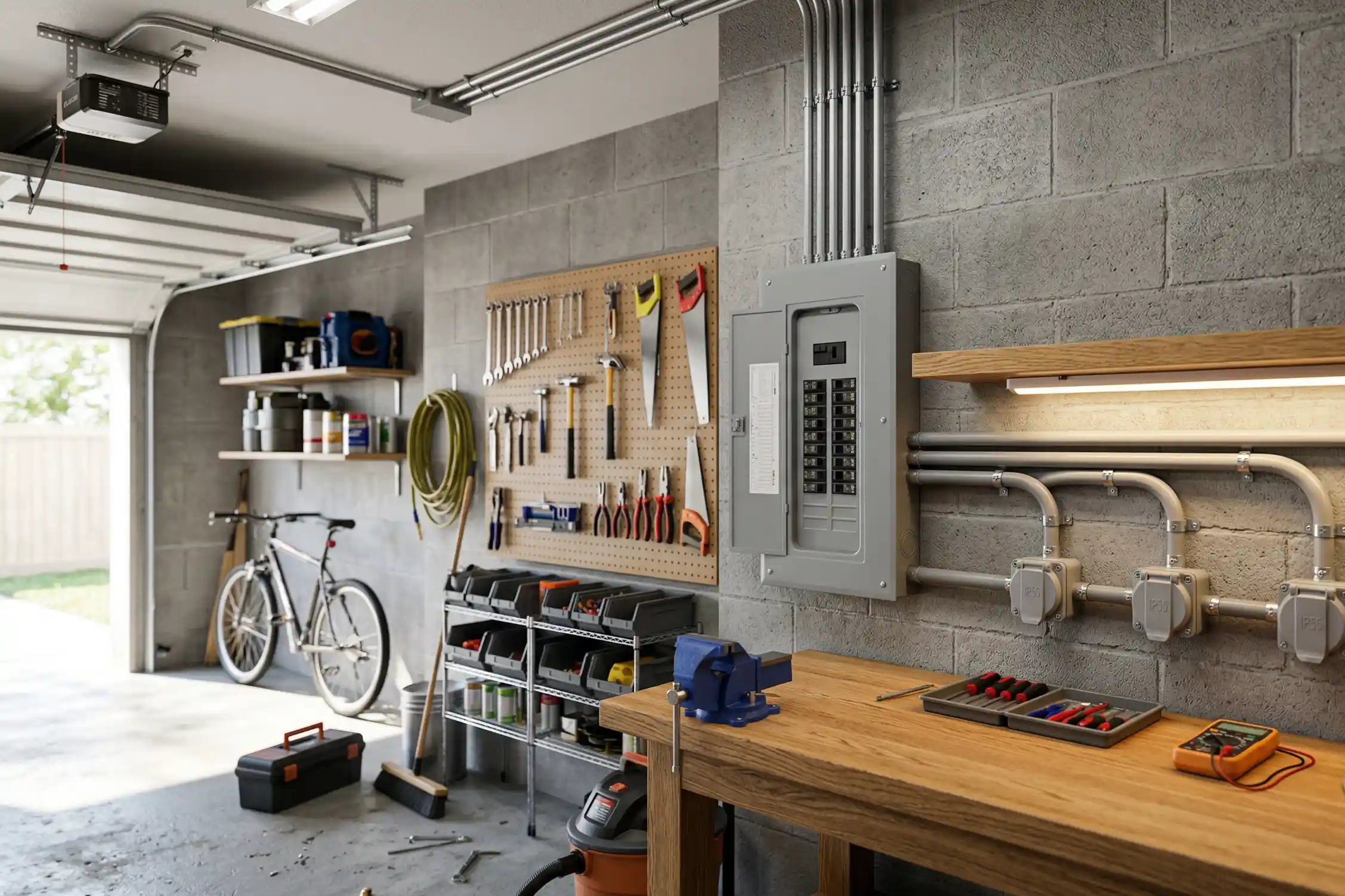 Tableau electrique secondaire et prises etanches installes dans un garage amenage conformes a la norme NF C 15-100