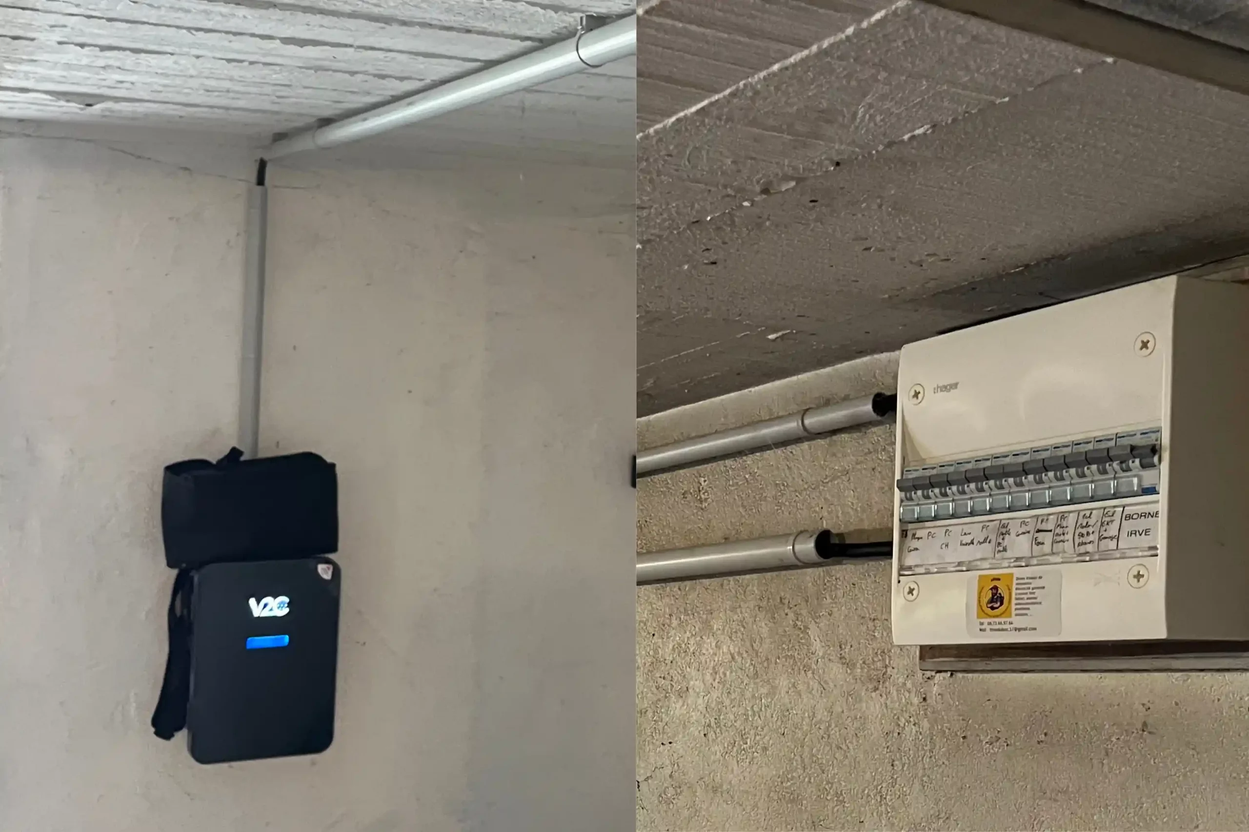 installation borne de recharge v2c trydan murale et raccordement au tableau electrique hager avec disjoncteur irve par electrizen